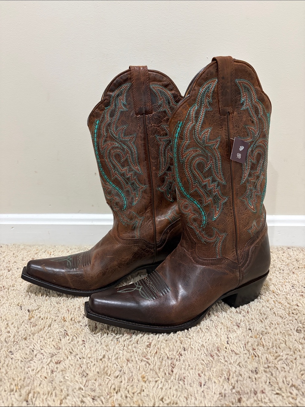 J.B. Dillon Brown Leather Heeled Cowboy Boots with Turquoise Stitching